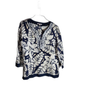 JM Collection Blouse Women 18 Linen Shirt Floral Coastal Bloomcore Summer Beaded